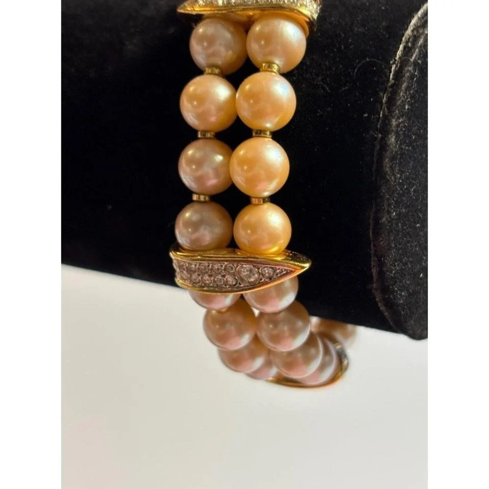 Bracelet Chunky‎ Bold 80s Maximalist Fashion Faux Pearl Gold Tone Rhinestone